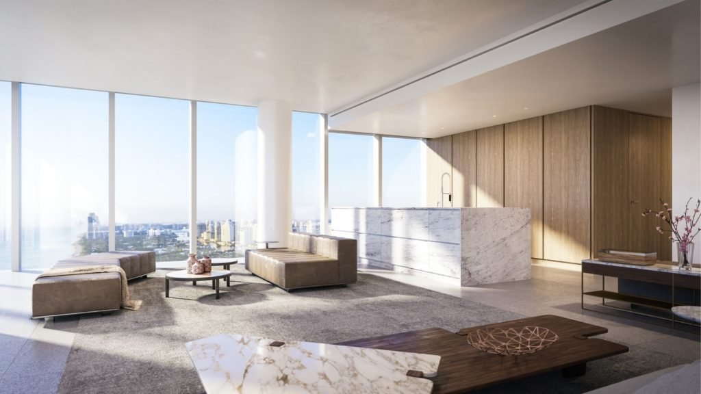 Modern living room with large floor-to-ceiling windows